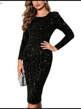 Long Sleeve Glitter Velvet Sequin Midi Dress
